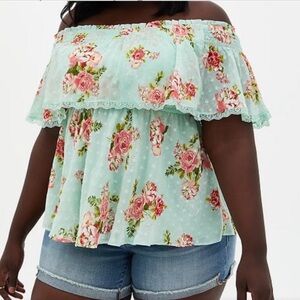 Torrid Floral Blouse - Mint Green and Pink with Swiss Dots